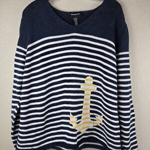 Striped Nautical Sweater 100% Cotton Knit Navy White Stripe Anchor Coastal Beach